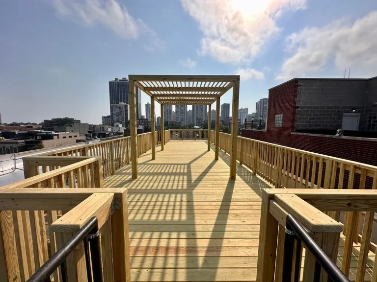 Chicago's skyline viewed from a newly built roof deck